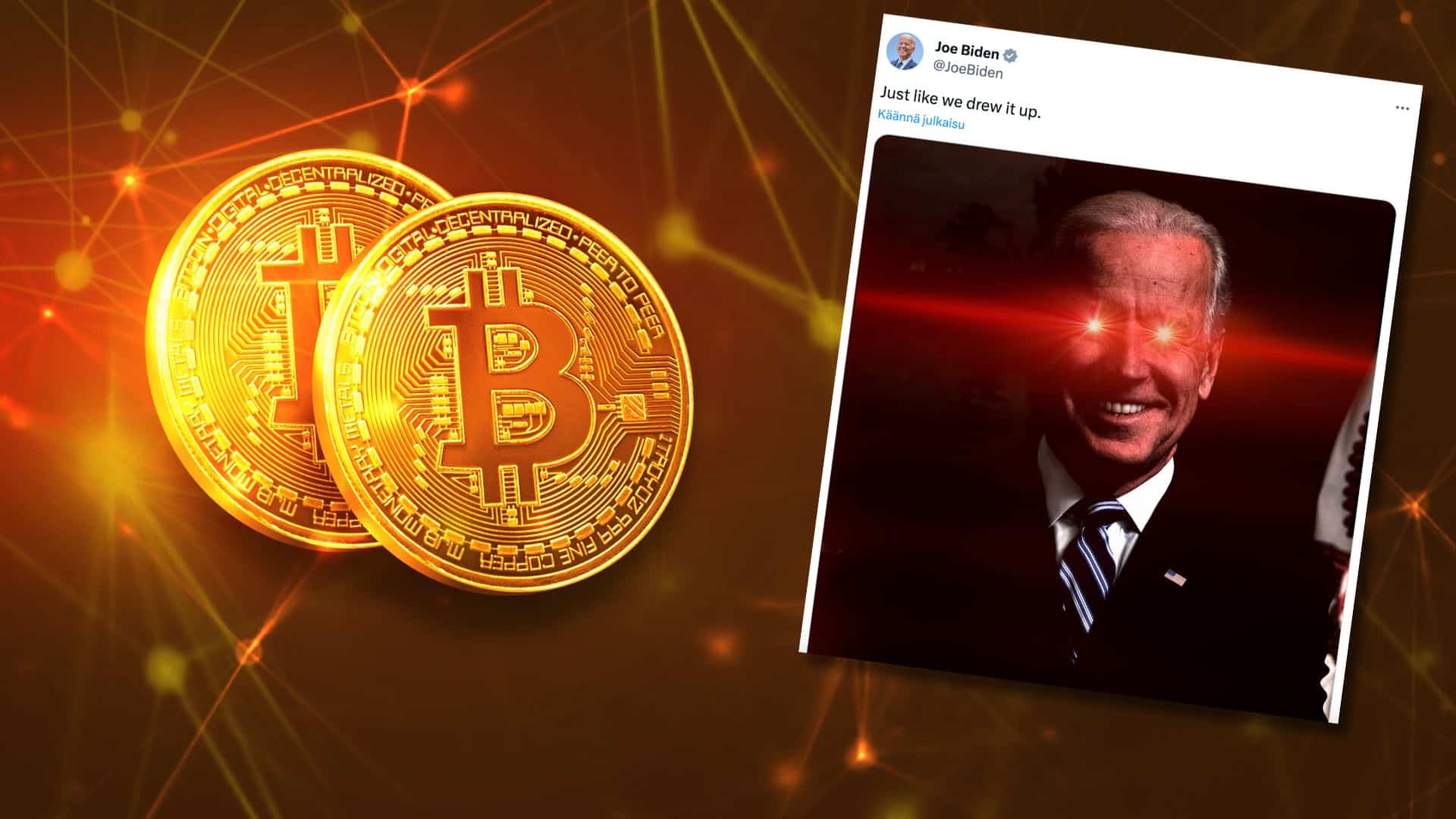 Joe Biden ja lasersilmät -kuva X:stä yhdistettynä bitcoin-kolikot-taustaan.
